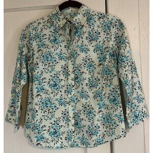 Crazy Horse Blouse Liz Claiborne Women’s S Blue Green Floral Button Up Top 3/4